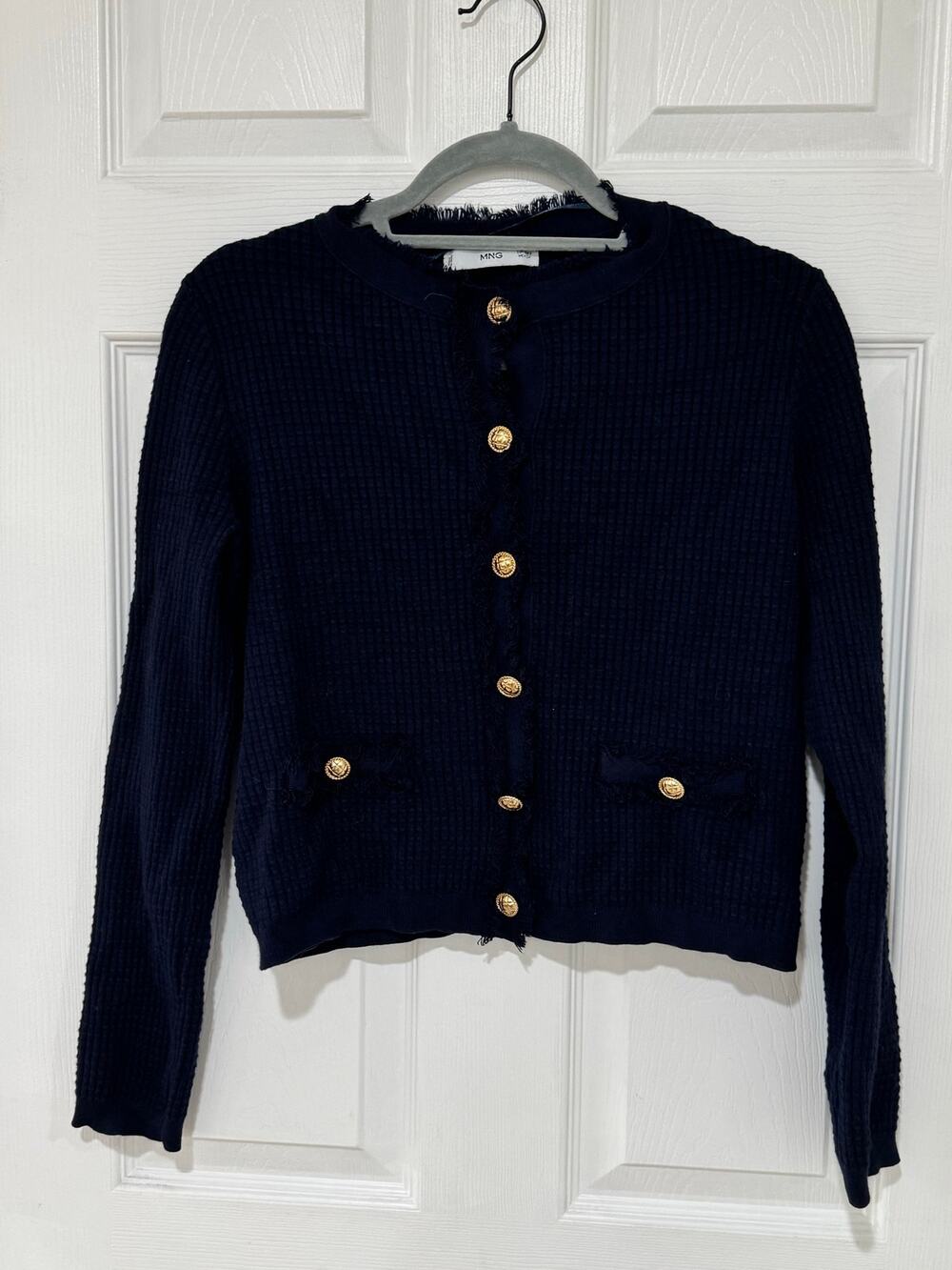 Mango MNG Waffle Knit Navy Blue Cardigan with Gold Buttons Small